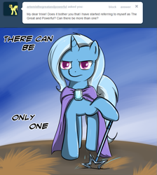 Size: 647x723 | Tagged: safe, artist:theparagon, imported from derpibooru, trixie, pony, unicorn, ask trixie, cape, clothes, female, highlander, mare, solo, there can be only one, trixie's cape, tumblr, wand