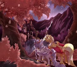 Size: 1280x1126 | Tagged: safe, artist:cigarscigarettes, imported from derpibooru, oc, oc only, oc:alba, bat pony, pony, bracelet, castle, duo, lip bite, mountain, necktie, night, outdoors, partially open wings, scenery, unshorn fetlocks, waterfall, wings