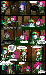 Size: 1024x1638 | Tagged: safe, artist:fj-c, imported from derpibooru, pinkie pie, rainbow dash, twilight sparkle, equestria girls, belly button, comic, dialogue, fantasy equestria, humanized, midriff, pony coloring, spanish