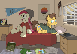 Size: 2904x2050 | Tagged: safe, artist:rapidstrike, imported from derpibooru, caramel, roseluck, album cover, american football (band), backpack, beanie, bed, blinds, blink 182, clock, clothes, digital clock, hat, hipster, music, neutral milk hotel, pillow, ponified, ponified album cover, radiohead, room, tycho