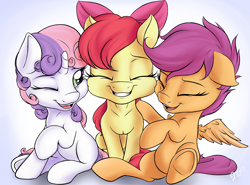 Size: 2700x2000 | Tagged: safe, artist:nobody47, imported from derpibooru, apple bloom, scootaloo, sweetie belle, earth pony, pegasus, pony, unicorn, adorabloom, bow, cute, cutealoo, cutie mark crusaders, diasweetes, eyes closed, female, filly, hair bow, laughing, one eye closed, open mouth, smiling, underhoof