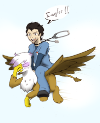 Size: 1276x1568 | Tagged: safe, artist:i am nude, imported from derpibooru, gilda, griffon, human, embarrassed, facepalm, flying, happy, humans riding griffons, john dorian, riding, scrubs, zach braff