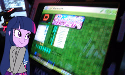 Size: 1600x960 | Tagged: safe, imported from derpibooru, twilight sparkle, equestria girls, arcade, beforu, colossus, dance dance revolution, graduation (ddr), photo, rhythm game, winter coat