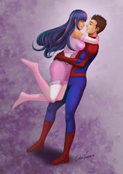 Size: 842x1191 | Tagged: safe, artist:kermad, imported from derpibooru, twilight sparkle, human, amethyst sorceress, crossover, crossover shipping, embrace, hug, humanized, peter parker, shipping, spider-man, spiders and magic: rise of spider-mane, spidertwi, superhero