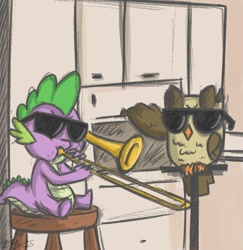 Size: 821x845 | Tagged: safe, artist:nolycs, imported from derpibooru, owlowiscious, spike, bird, dragon, owl, glasses, meme, musical instrument, stool, sunglasses, swag, trombone, vine video, when mama isn't home