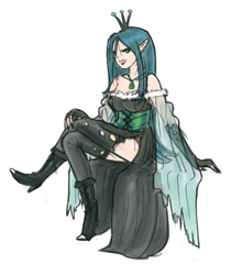 Size: 838x1000 | Tagged: safe, artist:king-kakapo, imported from derpibooru, queen chrysalis, human, boots, clothes, corset, dress, elf ears, evening gloves, female, fingerless gloves, gloves, humanized, side slit, solo, stockings