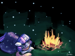 Size: 960x720 | Tagged: safe, artist:lumineko, imported from derpibooru, twilight sparkle, 30 minute art challenge, campfire, clothes, cold, female, fire, scarf, snow, snowfall, solo