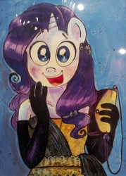 Size: 500x700 | Tagged: safe, artist:technaro, imported from derpibooru, rarity, anthro, blushing, clothes, earring, evening gloves, female, looking at you, purse, smiling, solo