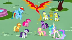 Size: 1280x720 | Tagged: safe, imported from derpibooru, screencap, applejack, fluttershy, philomena, pinkie pie, princess celestia, rainbow dash, rarity, twilight sparkle, alicorn, bird, earth pony, pegasus, phoenix, pony, unicorn, a bird in the hoof, bird cage, ethereal mane, eyes closed, female, flying, laughing, male, mane six, mare, royal guard, spread wings, stallion, unicorn twilight, wings