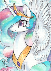 Size: 500x702 | Tagged: safe, artist:yardsalecouch, imported from derpibooru, princess celestia, alicorn, aceo, art card, female, portrait, solo, spread wings, traditional art