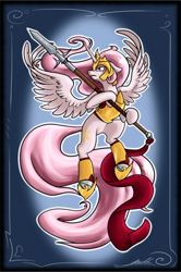 Size: 640x961 | Tagged: safe, artist:ponimichla, imported from derpibooru, princess celestia, armor, female, pink-mane celestia, solo, spear, spread wings, warrior celestia, weapon, younger