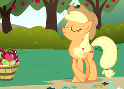 Size: 1502x1080 | Tagged: safe, imported from derpibooru, screencap, applejack, friendship is magic, apple, apple tree, barrel, cowboy hat, eyes closed, female, hat, smiling, solo, stetson, tree