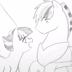 Size: 1600x1600 | Tagged: safe, artist:kianamai, imported from derpibooru, oc, oc only, oc:fletcher, oc:noble strike, oc:starburst, pegasus, pony, kilalaverse, female, male, mare, monochrome, next generation, offspring, parent:flash sentry, parent:twilight sparkle, parents:flashlight, pencil drawing, stallion, traditional art