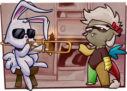 Size: 800x577 | Tagged: safe, artist:az-pekt, imported from derpibooru, discord, oc, chibi, eris, meme, musical instrument, raycord legends, rule 63, sunglasses, trombone, vine video, when mama isn't home, younger