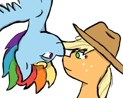 Size: 1500x1200 | Tagged: safe, artist:fiercerainbow, imported from derpibooru, applejack, rainbow dash, appledash, eye contact, female, hat, lesbian, shipping, upside down