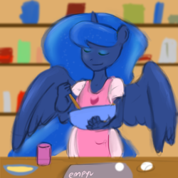 Size: 1000x1000 | Tagged: safe, artist:empyu, imported from derpibooru, princess luna, anthro, cooking, female, solo