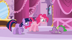 Size: 1680x946 | Tagged: safe, imported from derpibooru, screencap, pinkie pie, spike, twilight sparkle, dragon, earth pony, pony, unicorn, green isn't your color, female, male, mare, out of context, pincushion, pincushion spike, pins, plot, trio, unicorn twilight