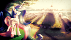 Size: 1920x1080 | Tagged: safe, artist:crestfallencelestia, imported from derpibooru, princess celestia, crepuscular rays, female, smiling, smuglestia, solo