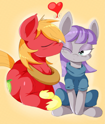 Size: 1239x1464 | Tagged: safe, artist:purple-yoshi-draws, imported from derpibooru, big macintosh, maud pie, earth pony, pony, :t, blushing, cheek kiss, cute, heart, kiss on the cheek, kissing, macinmaud, male, prone, shipping, sitting, smiling, stallion, straight, traditional art, wink