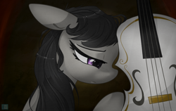 Size: 3900x2470 | Tagged: safe, artist:nekosnicker, imported from derpibooru, octavia melody, earth pony, pony, cello, female, floppy ears, frown, looking down, mare, musical instrument, sad, signature, solo