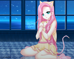 Size: 3000x2400 | Tagged: safe, artist:srtagiuu, imported from derpibooru, fluttershy, human, cat ears, cat tail, cute, fake ears, female, fluttercat, humanized, solo, srtagiuu is trying to murder us, winged humanization