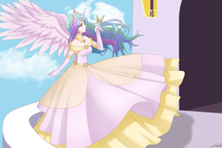 Size: 3000x2006 | Tagged: safe, artist:srtagiuu, imported from derpibooru, princess celestia, butterfly, human, canterlot, cute, female, horned humanization, humanized, solo, srtagiuu is trying to murder us, winged humanization