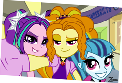 Size: 2510x1709 | Tagged: safe, artist:zeldarondl, imported from derpibooru, adagio dazzle, aria blaze, sonata dusk, equestria girls, rainbow rocks, bedroom eyes, canterlot high, selfie, smiling, the dazzlings