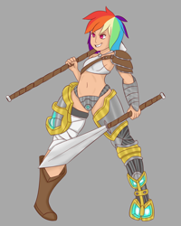 Size: 1280x1600 | Tagged: safe, artist:necro1337, imported from derpibooru, rainbow dash, human, armor, dual wield, female, hammer, humanized, solo, sword, weapon