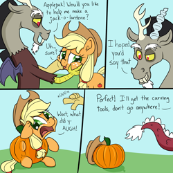 Size: 1280x1280 | Tagged: safe, artist:skitter, imported from derpibooru, applejack, discord, draconequus, earth pony, pony, applejack-o-lantern, comic, female, floppy ears, frown, grin, i have no mouth and i must scream, inanimate tf, male, mare, open mouth, pumpkin, pumpkinjack, smiling, squishy cheeks, this will end in death, this will end in tears, this will end in tears and/or death, this will not end well, transformation