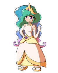 Size: 1280x1607 | Tagged: safe, artist:quarium, imported from derpibooru, princess celestia, human, clothes, cute, cutelestia, dress, female, gloves, humanized, sandals, simple background, solo