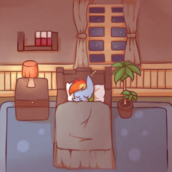 Size: 1000x1000 | Tagged: safe, artist:joycall6, imported from derpibooru, rainbow dash, bed, cute, dashabetes, eyes closed, female, night, plant, room, sleeping, solo, zzz