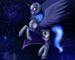 Size: 1024x819 | Tagged: safe, artist:lordsleeper, imported from derpibooru, princess luna, armor, female, gritted teeth, rearing, solo, spread wings, warrior luna