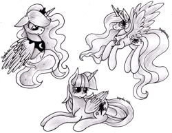 Size: 2218x1708 | Tagged: safe, artist:julunis14, imported from derpibooru, princess celestia, princess luna, twilight sparkle, alicorn, pony, female, floppy ears, flying, mare, monochrome, prone, traditional art, twilight sparkle (alicorn)