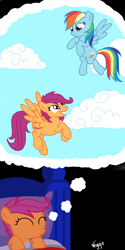 Size: 1000x2000 | Tagged: safe, artist:veggie55, imported from derpibooru, rainbow dash, scootaloo, pegasus, pony, bed, cloud, cloudy, dream, flying, older, older scootaloo, scootaloo can fly, sleeping