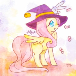 Size: 500x500 | Tagged: safe, artist:leventy, imported from derpibooru, angel bunny, fluttershy, hat, witch hat