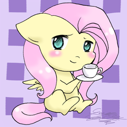 Size: 1024x1024 | Tagged: safe, artist:midnameowfries, imported from derpibooru, fluttershy, chibi, cup, female, floppy ears, sitting, smiling, solo