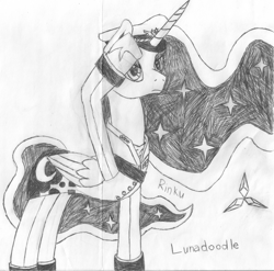 Size: 1280x1263 | Tagged: safe, artist:rinku, imported from derpibooru, princess luna, lunadoodle, clothes, female, monochrome, salute, solo, traditional art, uniform