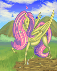 Size: 800x1000 | Tagged: safe, artist:caliconorth, imported from derpibooru, fluttershy, butterfly, rabbit, squirrel, female, solo