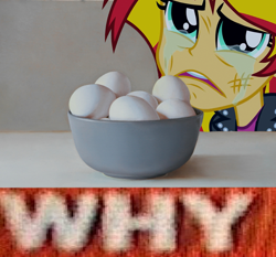 Size: 772x719 | Tagged: safe, imported from derpibooru, sunset shimmer, equestria girls, 4chan, bowl, crying, egg (food), expand dong, exploitable meme, food, meme, sunsad shimmer, wat, why.jpg, you have to eat all the eggs