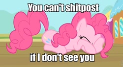 Size: 897x493 | Tagged: safe, imported from derpibooru, pinkie pie, rarity takes manehattan, covering, eyes closed, female, hiding, image macro, meme, prone, shitposting, solo, vulgar