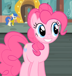 Size: 598x629 | Tagged: safe, imported from derpibooru, screencap, blueberry curls, bubblegum blossom, pinkie pie, earth pony, pony, rarity takes manehattan, background pony, cropped, female, manehattan, mare, saddle row, smiling, solo focus