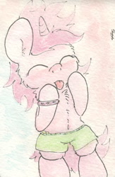 Size: 684x1048 | Tagged: safe, artist:slightlyshade, imported from derpibooru, ruby pinch, pony, bipedal, chest fluff, clothes, eyes closed, female, filly, shorts, solo, tongue out, traditional art