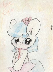 Size: 560x757 | Tagged: safe, artist:slightlyshade, imported from derpibooru, coco pommel, pony, bipedal, bow, clothes, cocobetes, cute, female, necktie, skirt, solo, traditional art