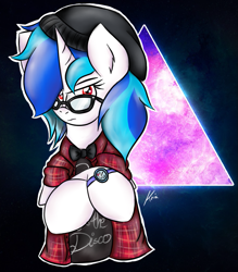 Size: 735x839 | Tagged: safe, artist:kristysk, imported from derpibooru, dj pon-3, vinyl scratch, pony, unicorn, abstract background, band shirt, bandaid, beanie, black hat, black shirt, bowtie, clothes, female, glare, glasses, hat, hipster, horn, jacket, mare, panic! at the disco, plaid, plaid jacket, shirt, solo, t-shirt, watch, wristwatch