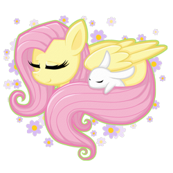 Size: 1440x1440 | Tagged: safe, artist:wingedwolf94, imported from derpibooru, angel bunny, fluttershy, eyes closed, flower, lying down, simple background, sleeping, transparent background