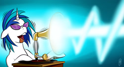 Size: 2200x1200 | Tagged: safe, artist:fynjy-87, imported from derpibooru, dj pon-3, vinyl scratch, pony, bass cannon, female, solo, tongue out, wallpaper