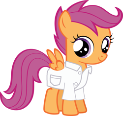 Size: 1081x1024 | Tagged: safe, imported from derpibooru, scootaloo, clothes, cute, factory scootaloo, female, filly, lab coat, simple background, solo, white background