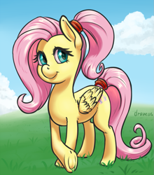 Size: 917x1043 | Tagged: safe, artist:draneas, imported from derpibooru, fluttershy, alternate hairstyle, female, ponytail, solo, tail wrap, underhoof