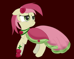 Size: 700x560 | Tagged: safe, artist:infernaldalek, imported from derpibooru, roseluck, earth pony, pony, clothes, dress, female, floppy ears, flower, flower in hair, full body, looking back, mare, raised hoof, rose, simple background, smiling, solo, standing