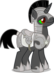 Size: 600x813 | Tagged: safe, artist:blah23z, imported from derpibooru, king sombra, pony, unicorn, colored sclera, green sclera, helmet, hoof shoes, male, recolor, red eyes, royal guard, royal guard armor, saddle, simple background, solo, stallion, tack, transparent background, unicorn royal guard